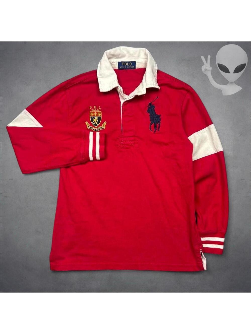Polo Ralph Lauren Red Big Pony Long Sleeve Rugby Shirt Womens XS Crest 1932-34